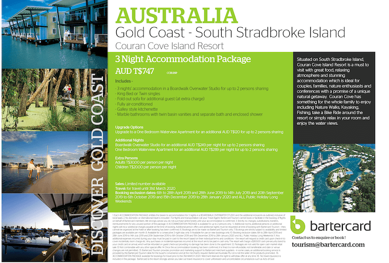 Imafe of a South Stradbroke Island 3-night Holiday-Package voucher with 4 photos showing off the island , accommodation and activities.