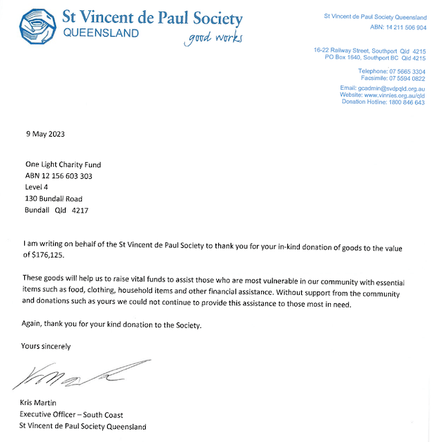 Letter from St Vincent de Paul thanking One Light Donors