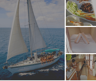 4 images of a Sailing ship showing the bedroom, kitchen and snacks