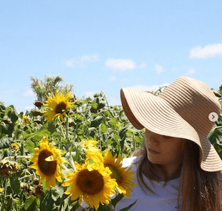 Young girl wearing a hat in a sunflower field.