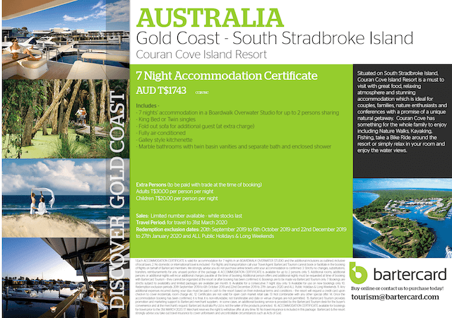 Image of a South Stradbroke Island 7-night Holiday-Package voucher with 4 photos showing off the island , accommodation and activities.