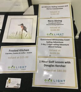 Image of One Light Charity Prize Certificates to be auctioned at a fundraising event.