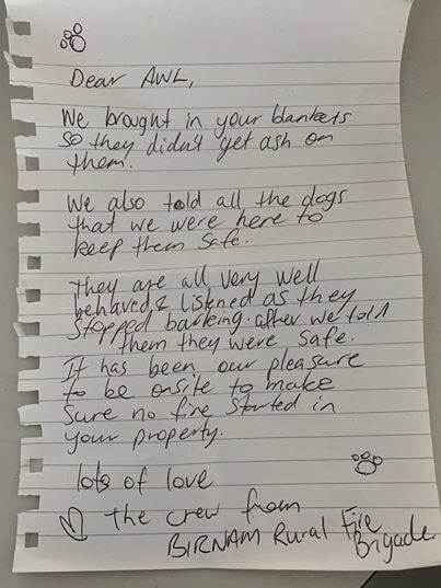Note written by friendly fireman who protected the animals at the Animal Welfare League Beenleigh