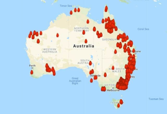 Map of Australia pointing out areas of current bushfires